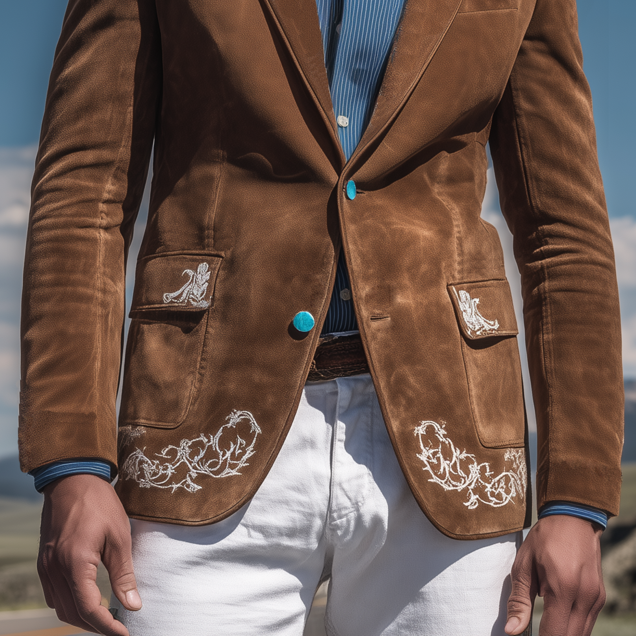 Men's Classic American Retro Western Embroidered Suede Single-breasted Blazer MTA1917H8K
