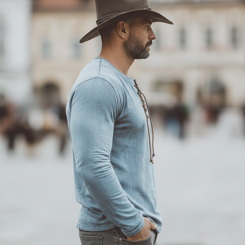 Men's Retro Lace-up V-Neck Faux Suede Long-Sleeve T-Shirt MTZ0905A1U