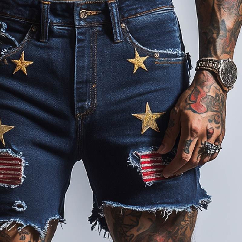 Men's American Flag Stars Embroidered Denim Shorts MTA1759F8X