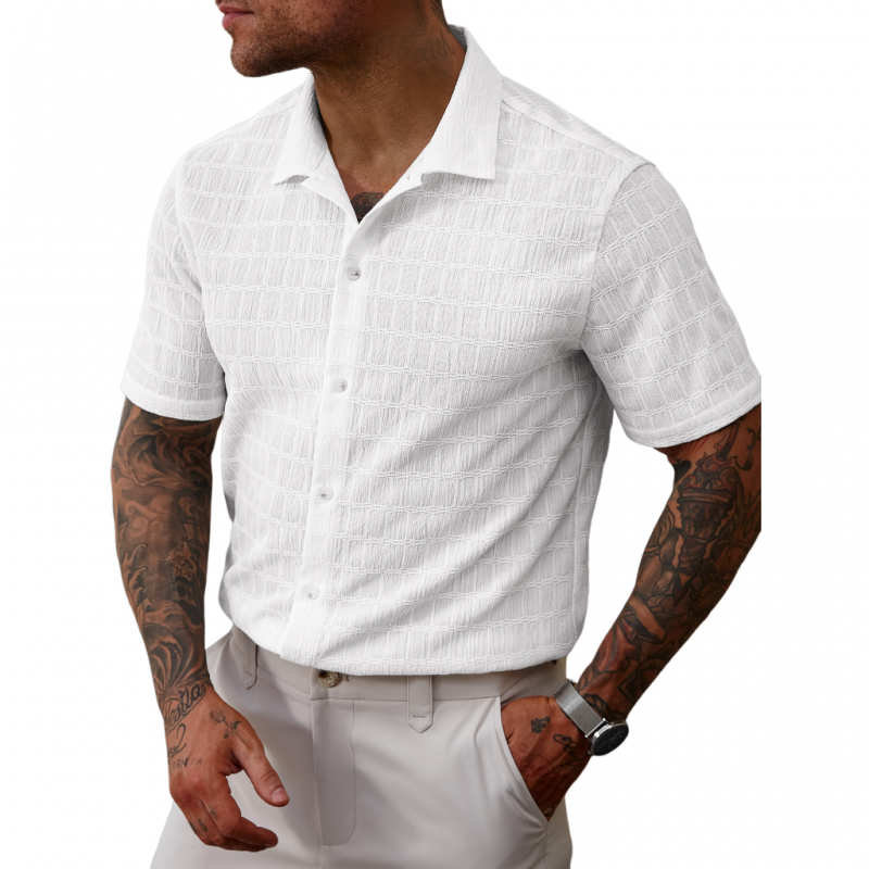 Men's Casual Lace Pleated Texture Lapel Slim Short Sleeve Shirt MTA2669E2M