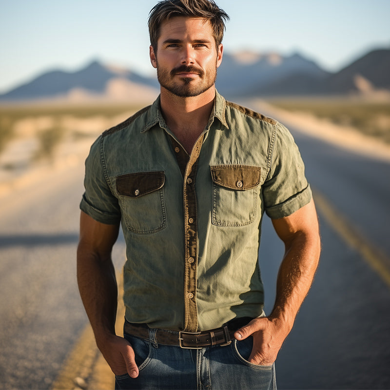 Men's Western Cowboy Style Colorblock Denim Short Sleeve Shirt MTA1389E2U
