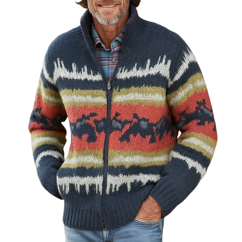 Men's Retro Colorblock Jacquard Zipper Knit Cardigan MTA3055H2U