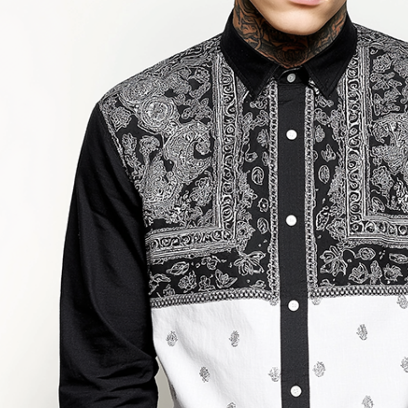 Men's Retro Casual Paisley Colorblock Lapel Long Sleeve Shirt MTA0667H9TO