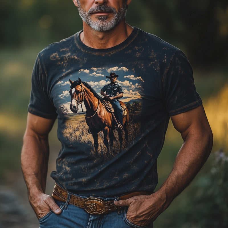 Men's Western Cowboy Style Printed Crew Neck T-Shirt MTA2846D0U