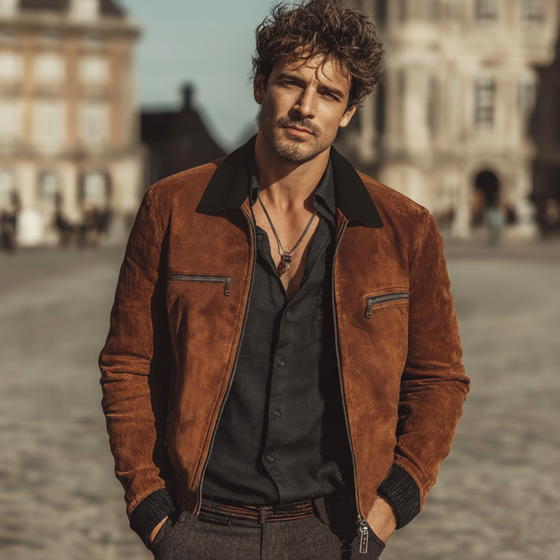 Men's Business Color Block Faux Suede Zip-Up Jacket MTZ0466A0U