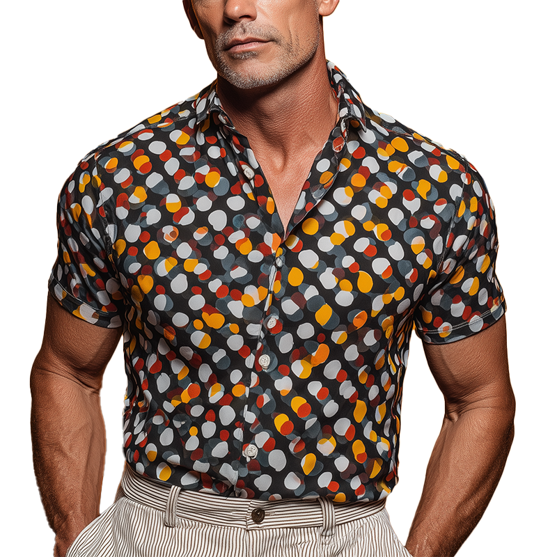 Men's Summer Fashion Polka Dot Printed Cotton Blended Short Sleeve Shirt MTA1157G0P