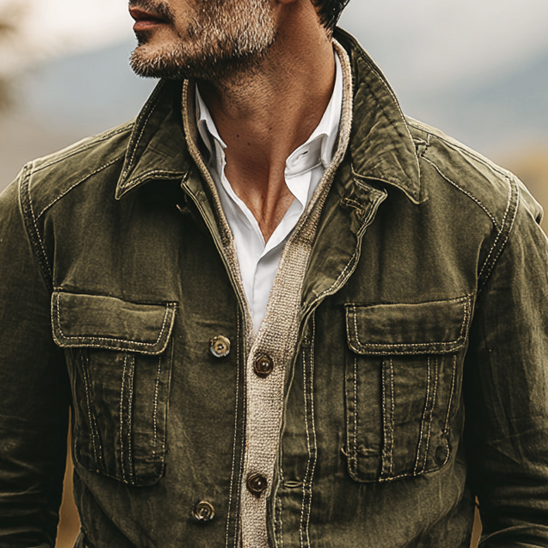 Men's Washed Cotton Lapel Multi-pocket Single Breasted Jacket MTA0470I8Z