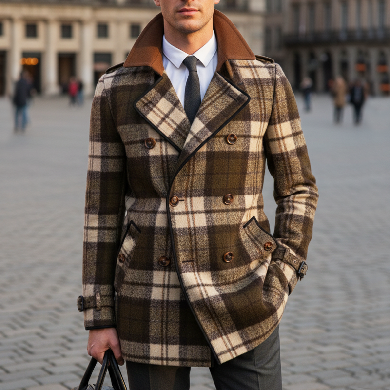 Men's Classic Plaid Colorblock Collar Double-Breasted Short Coat MTA2591I2U