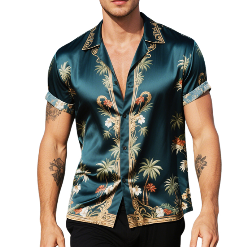 Men's Retro Casual Palace Style Printed Satin Lapel Short Sleeve Shirt MTA2253E5TO