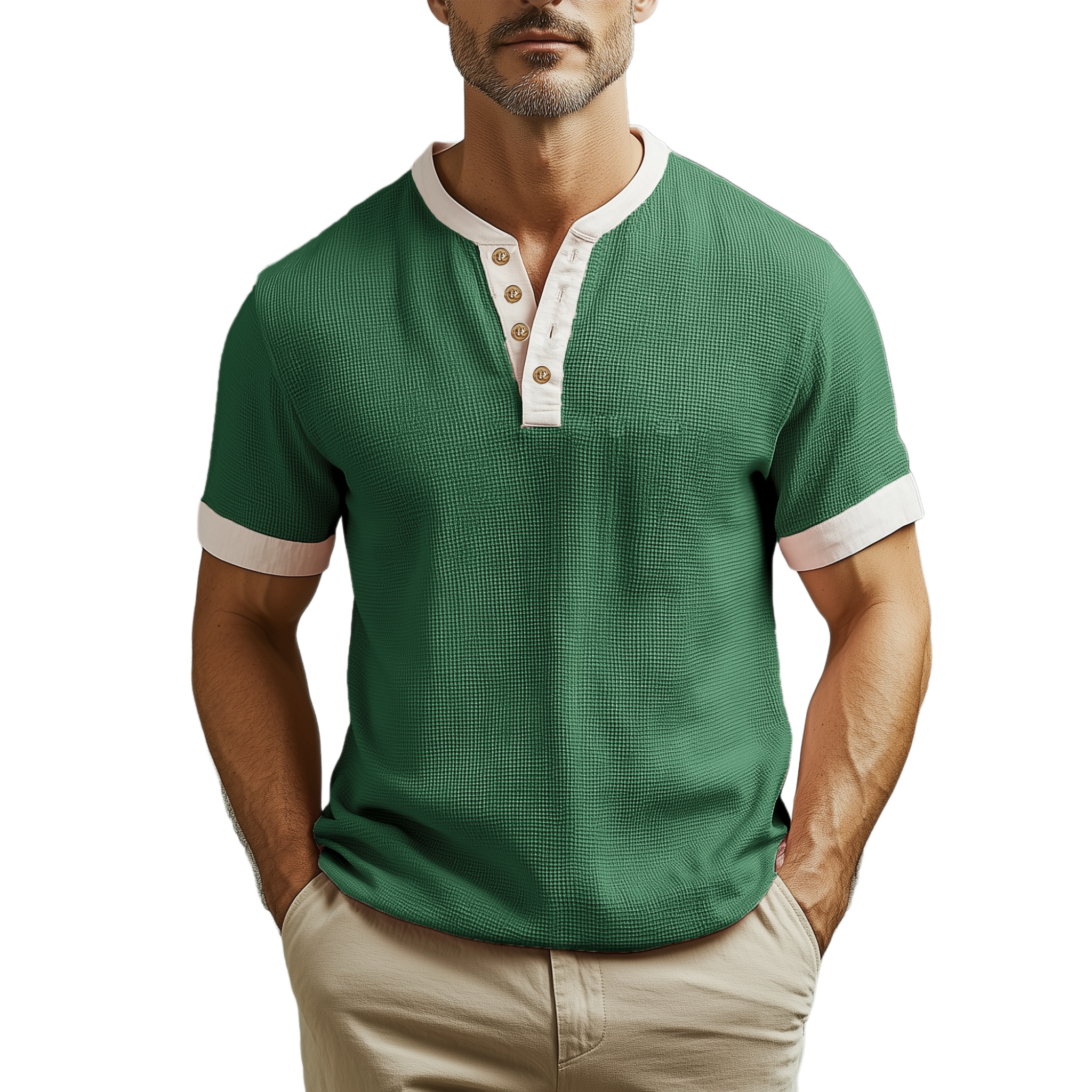 Men's Spring And Summer Casual Henley Collar Waffle Stitching Cotton Blended Short Sleeve T-Shirt MTA2295G7K