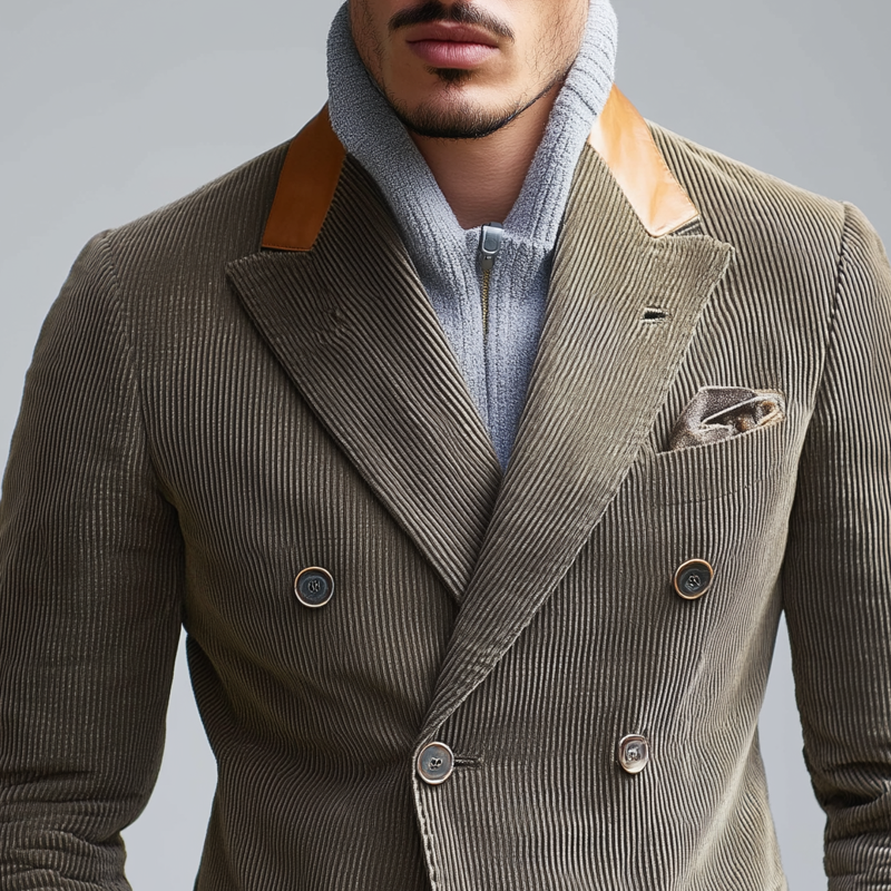 Men's PU Splicing Notch Lapel Double Breasted Corduroy Casual Blazer MTA1857H2Z