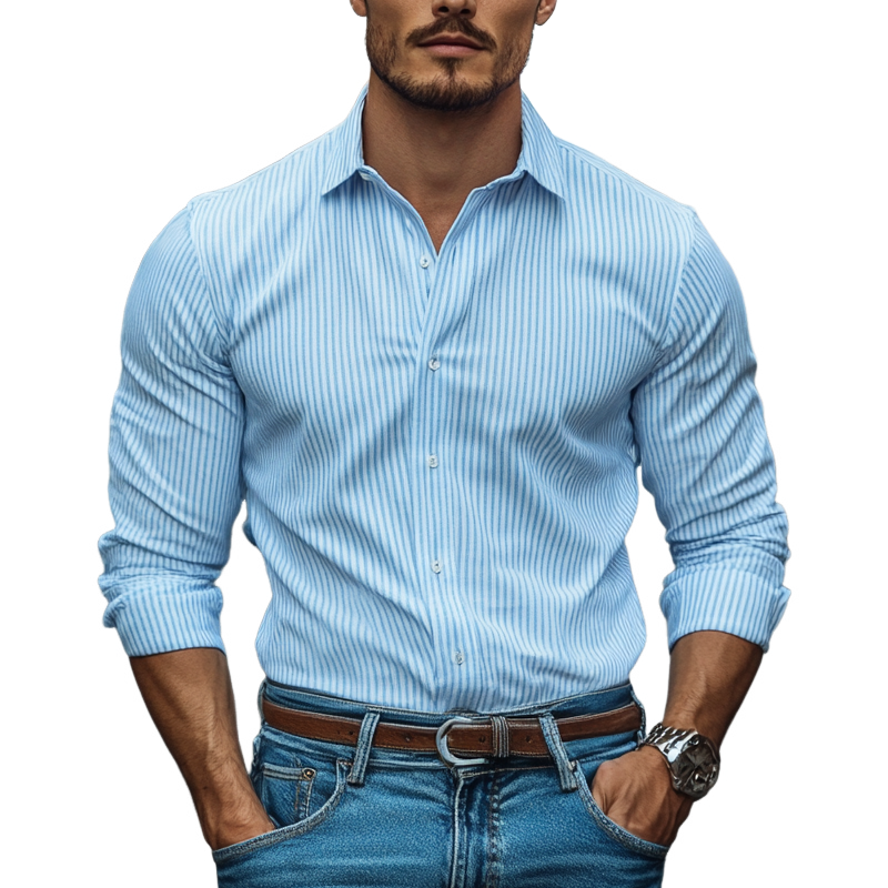 Men's Striped Printed Cotton And Linen Long Sleeve Shirt MTA2447G7X