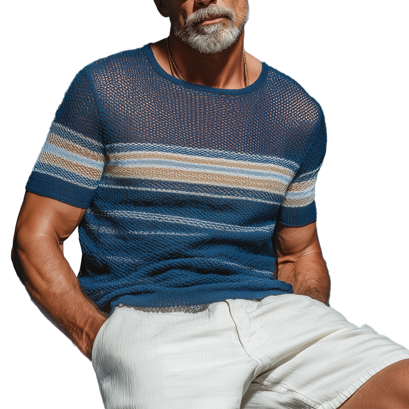Men's Summer Retro Striped Knitted Hollow Short Sleeve T-Shirt MTA1864G9P