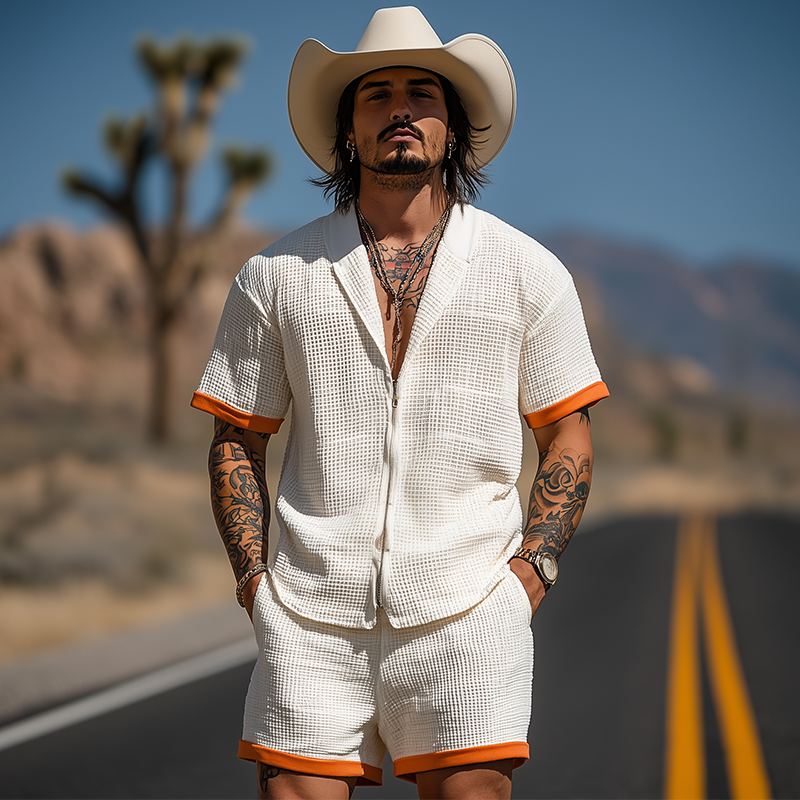 Men's Summer Fashion Casual Waffle Contrast Color Stitching Zipper Lapel Short-sleeved Shirt Elastic Waist Shorts Set MTA2951E4K