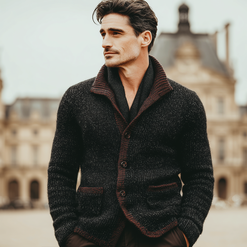 Men's Vintage Stand-collar Color-block Button-up Knitted Cardigan MTA2917K4U