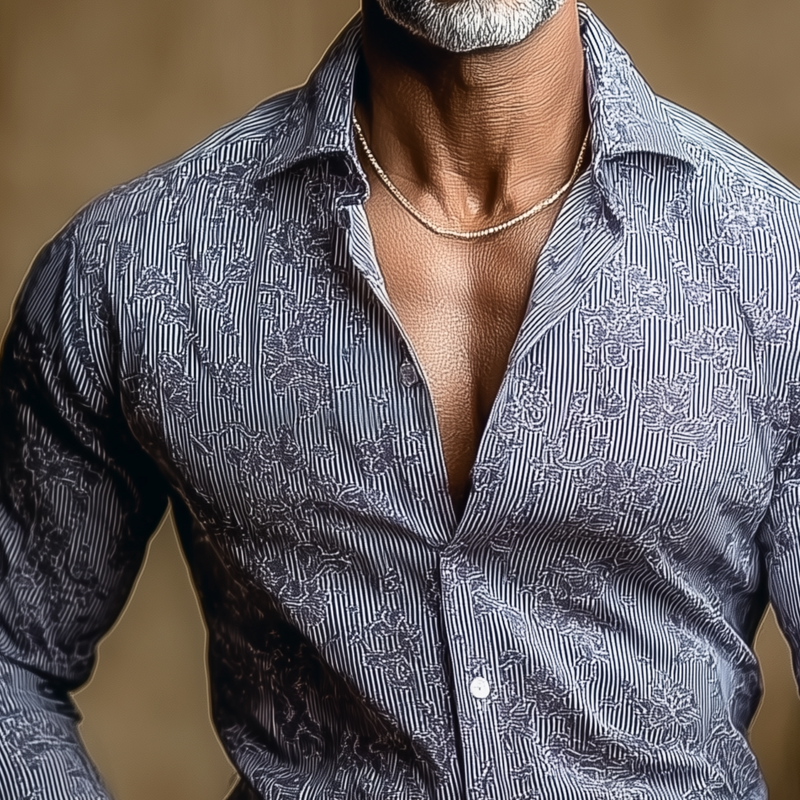 Men's Floral Striped Lapel Long Sleeve Shirt MTA1354H6Z