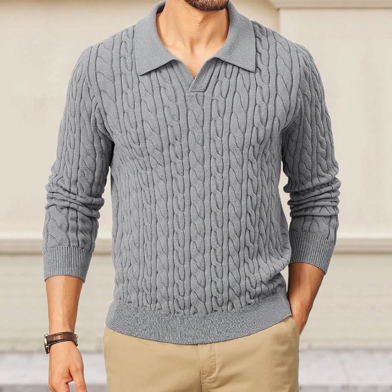 Men's Solid Color Slim-Fit Cable Textured POLO Neck Sweater MTA1373H6X