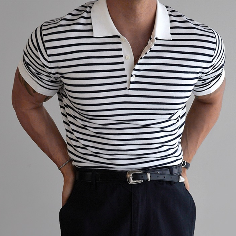Men's Striped Lapel Short Sleeve Polo Shirt MTA0664E1Z