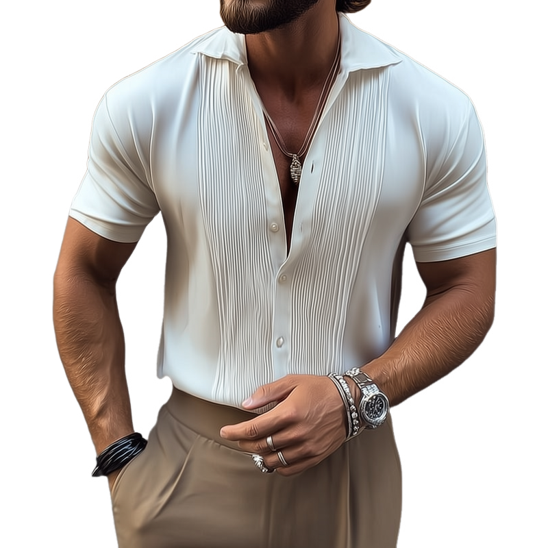 Men's Solid Color Chest Pleated Chiffon Lapel Short Sleeve Shirt MTA1528G2Z