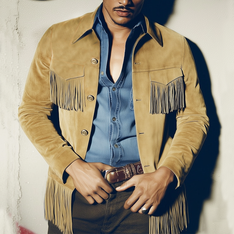 Men's Vintage Western Style Fringe Suede Jacket MTA2624H6U