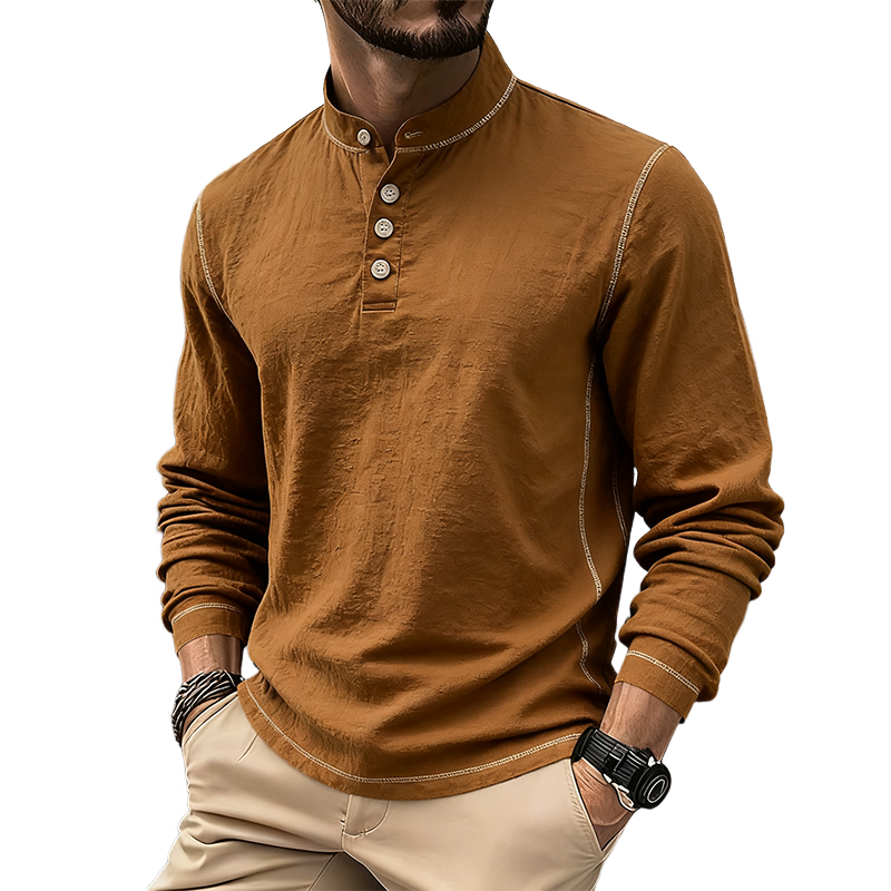 Men's Solid Color Cotton Blend Stand Collar Button Long Sleeve T-shirt MTA1797J6X