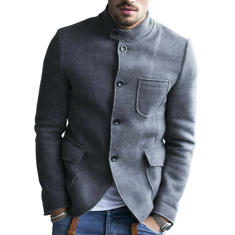 Men's Solid Stand Collar Single Breasted Multi-pocket Casual Jacket MTA1832H4Z