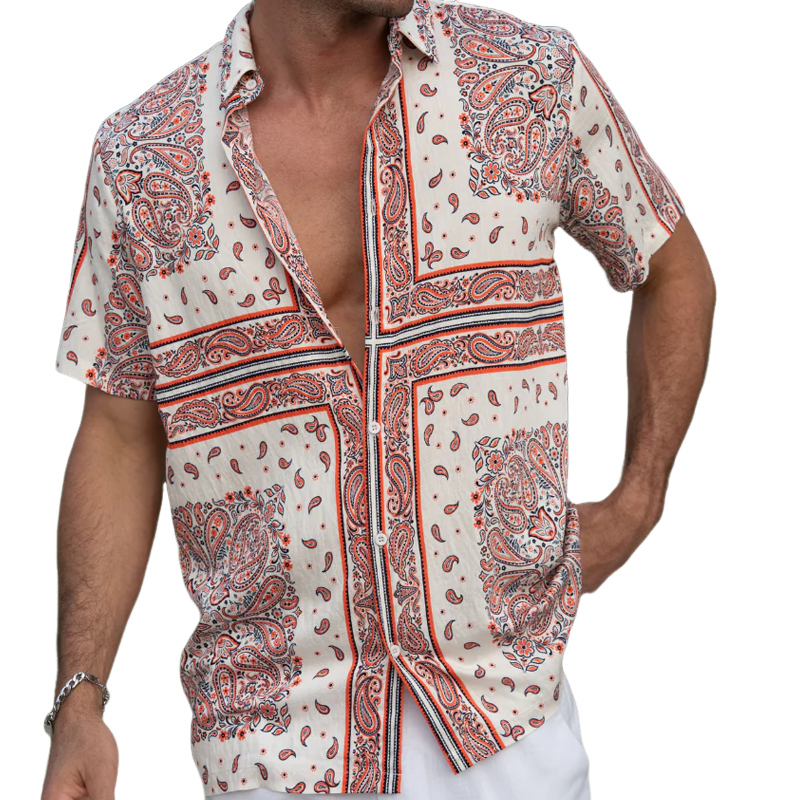 Men's Summer Vintage Tencel Cotton Printed Lapel Short Sleeve Shirt MTA0293G7K