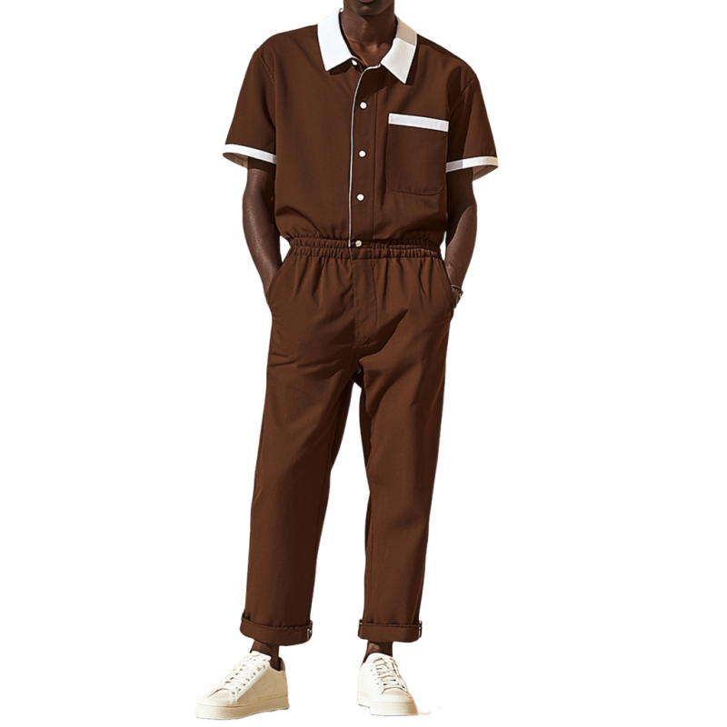 Men's Casual Cotton Blend Colorblock Lapel Patch Pocket Short Sleeve Shirt Pants Slim Jumpsuit MTA2694E2M
