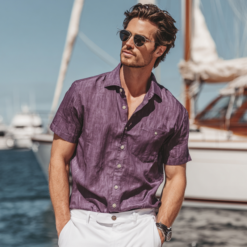 Men's Casual Breathable Cotton Linen Lapel Patch Pocket Loose Short-sleeved Shirt MTA0177G2M