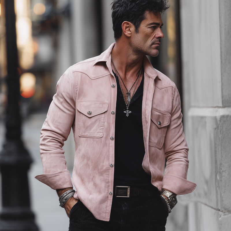 Men's Classic Suede Lapel Button-Down Long Sleeve Shirt MTA1524H2U