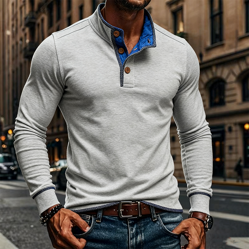 Men's Contrast Color Blend Stand Collar Pullover Long Sleeve T-shirt MTA1778J7X