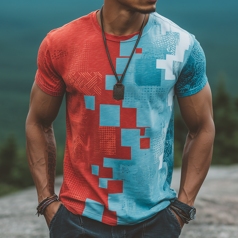 Herre retro casual kontrastfarget geometrisk trykk rund hals kortermet T-skjorte MTA1866G6TO