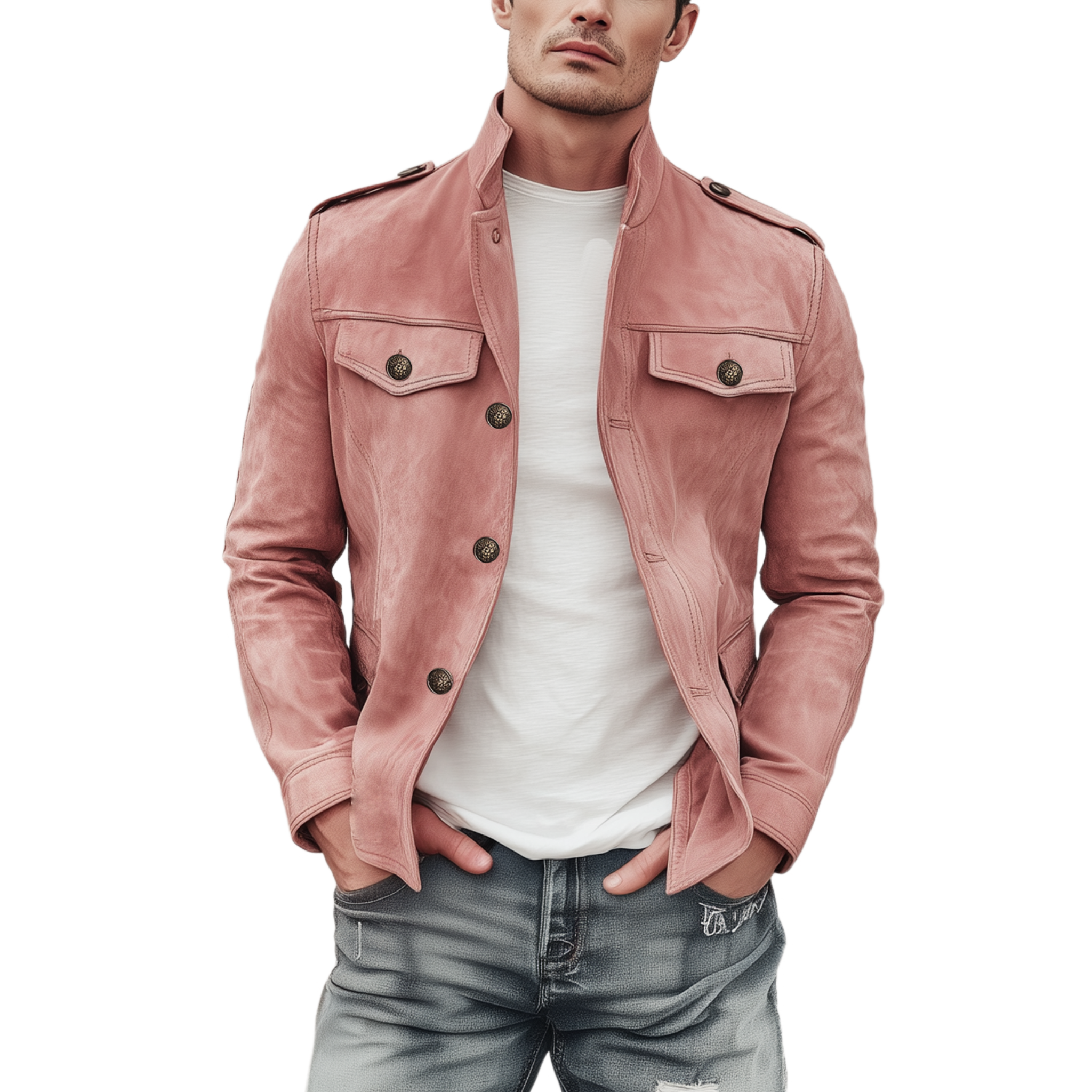 Men's Classic Retro Stand Collar Multi-pocket Pink Suede Slim Jacket MTA2232H7K