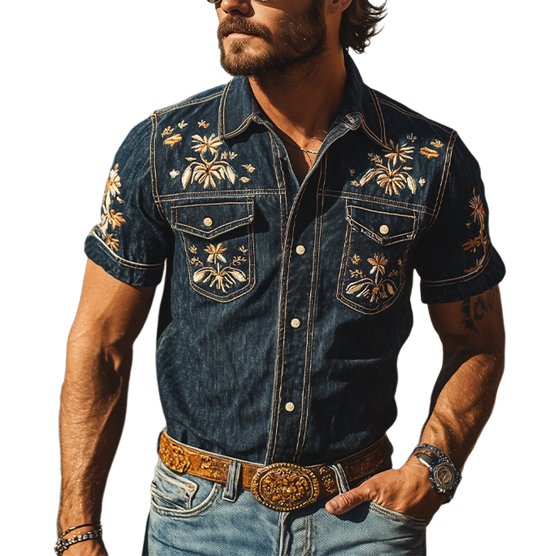 Men's Summer Fashion Classic Retro Western Cowboy Style Denim Embroidery Short Sleeve Shirt MTA2878D6K
