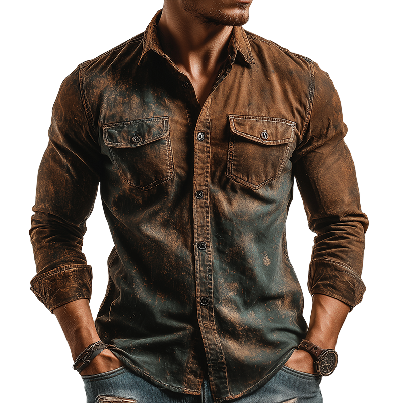 Men's Retro Casual Dirty Print Lapel Long Sleeve Shirt MTA1815H7TO