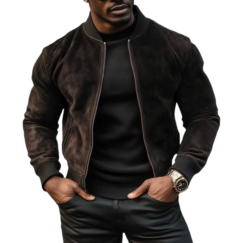 Men's Vintage Solid Color Faux Suede Stand Collar Zipper Jacket MTA2832H1X