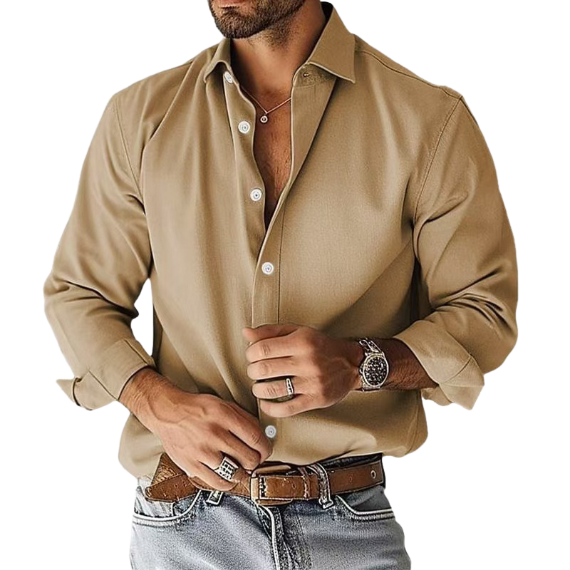Men's Solid Color Cotton Blend Lapel Long Sleeve Shirt MTA1924I1X