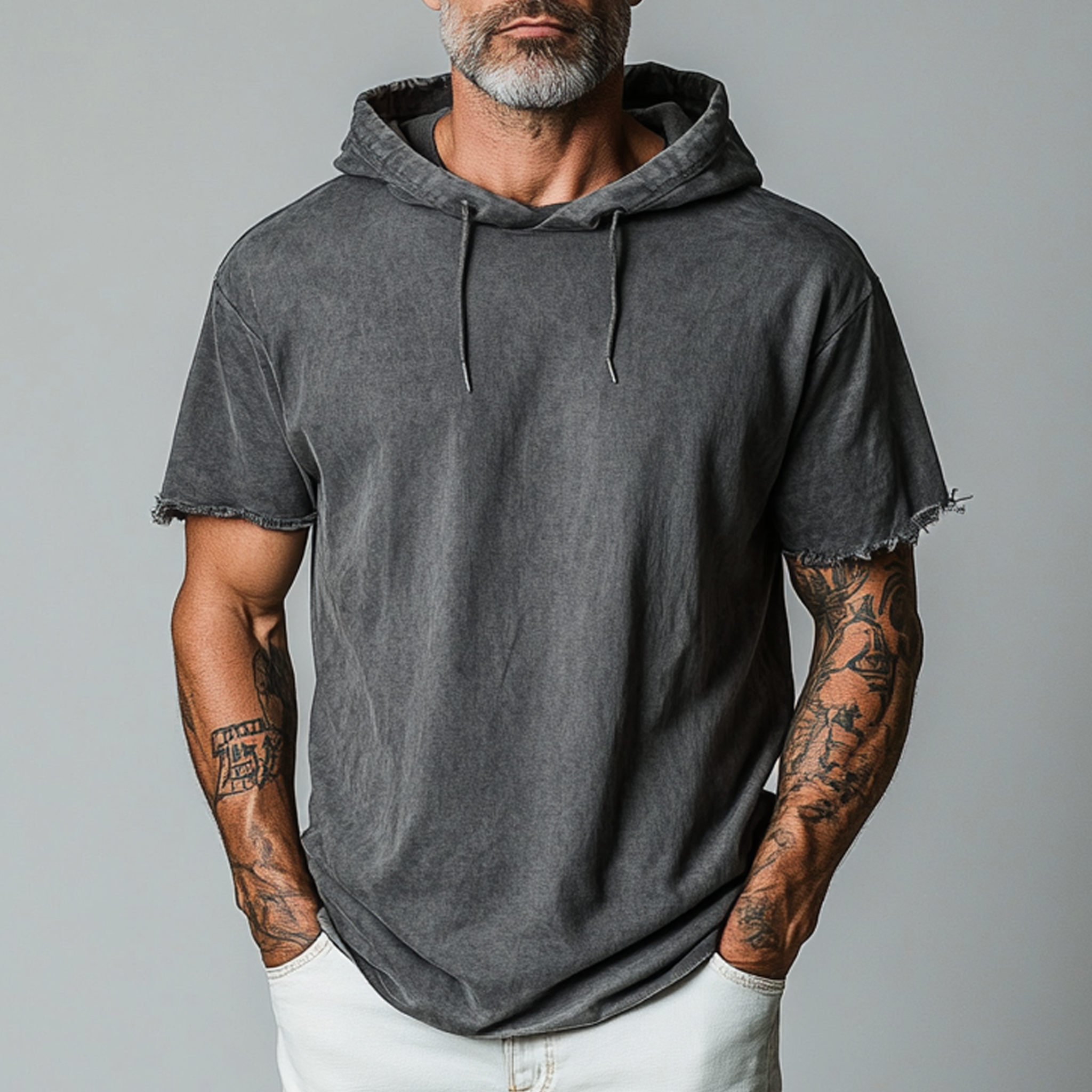 Men's Classic Casual Cotton Blend Washed Hooded Cuffs Raw Edge Craft Short-sleeved T-shirt MTA2131G9K