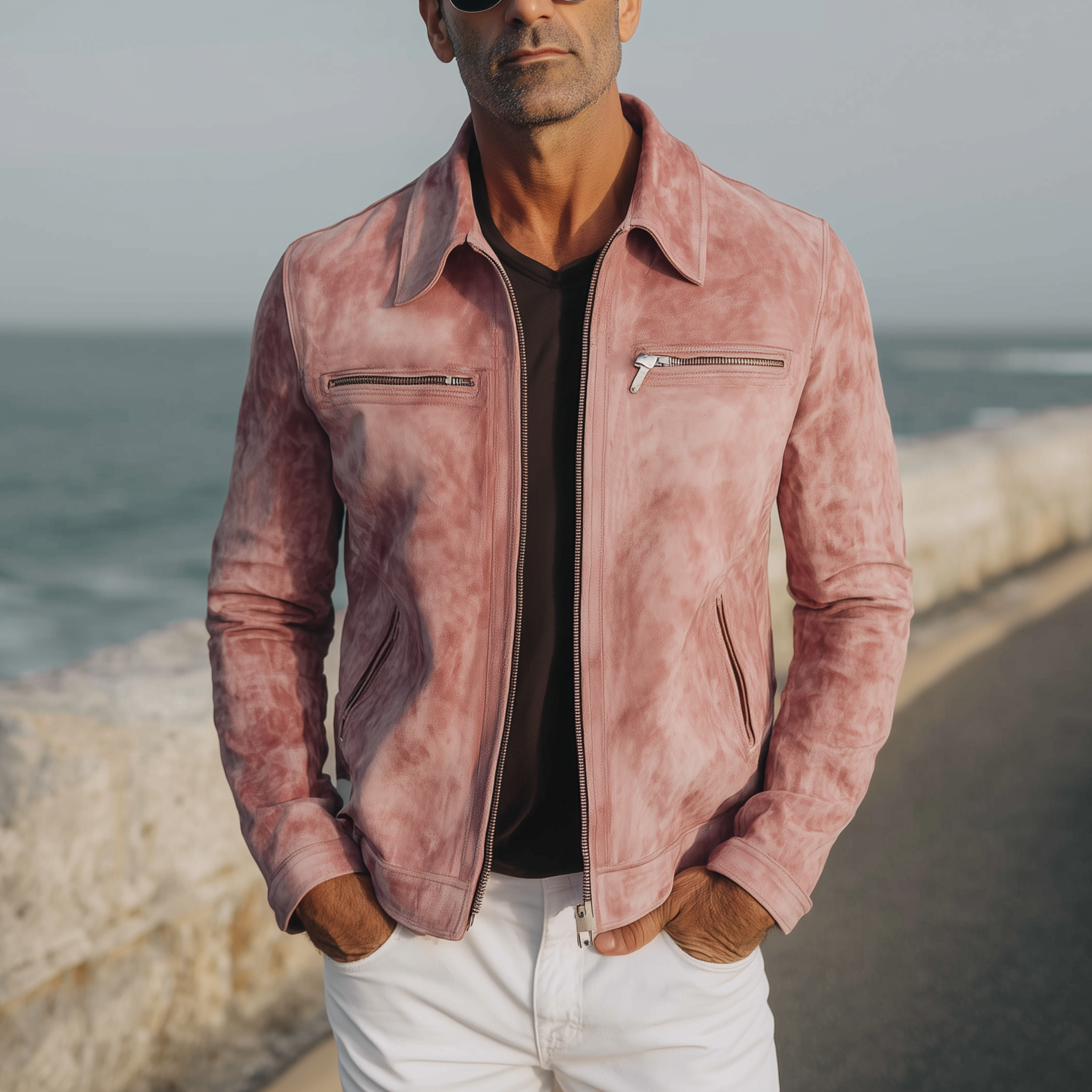 Men's Classic Casual Lapel Zipper Pink Suede Jacket MTA2026H8K