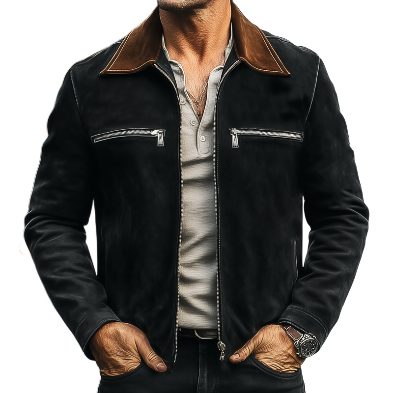 Men's Vintage Suede Colorblock Collar Zip-Up Jacket MTA2630H2U