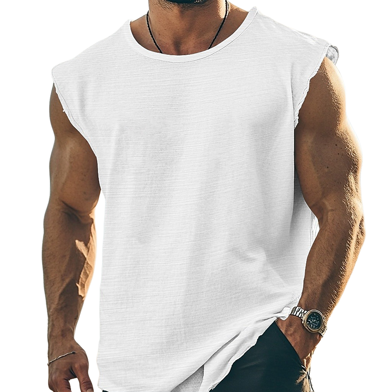 Men's Solid Color Round Neck Cotton Blend Sleeveless T-Shirt MTA2112G0X