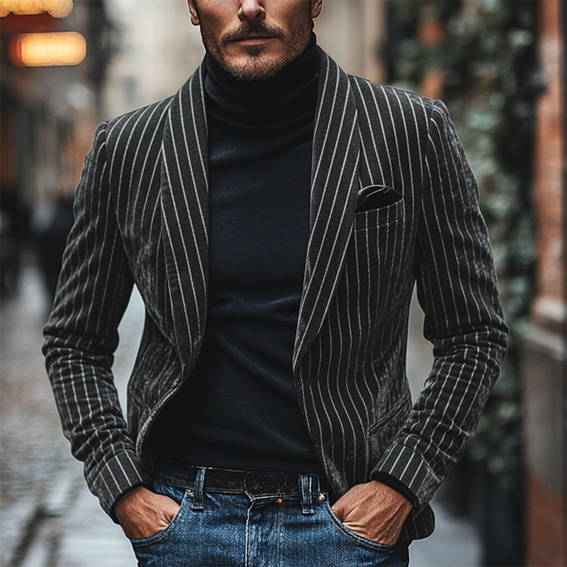 Men's Striped Lapel Faux Wool Blazer  MTA1522J7X