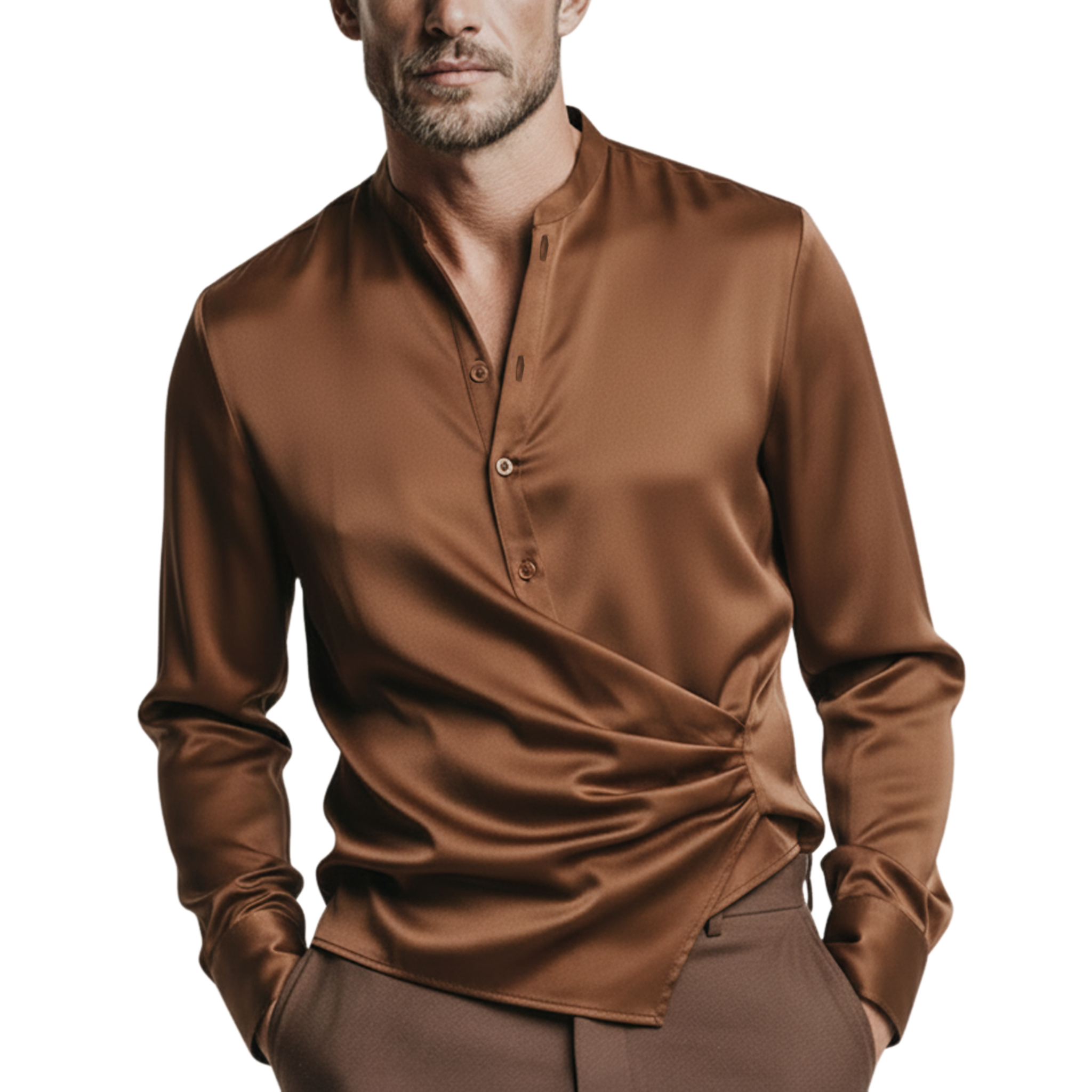Men's Classic Casual Satin Stand-collar Pullover Long-sleeved Shirt MTZ0924A3K