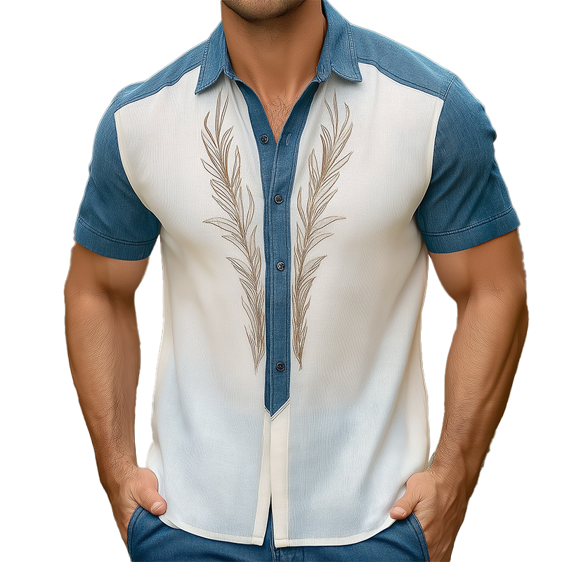 Men's Summer Fashion Patchwork Knitted Embroidery Short Sleeve Shirt MTA0686F3P