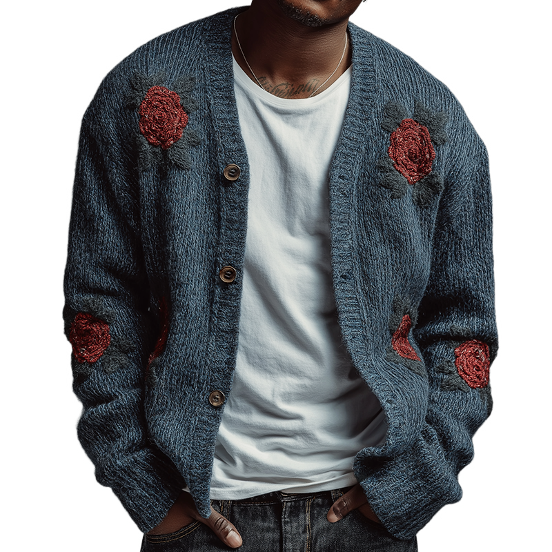 Men's Retro Casual Knitted Floral Embroidered Button Cardigan MTA2970K6TO