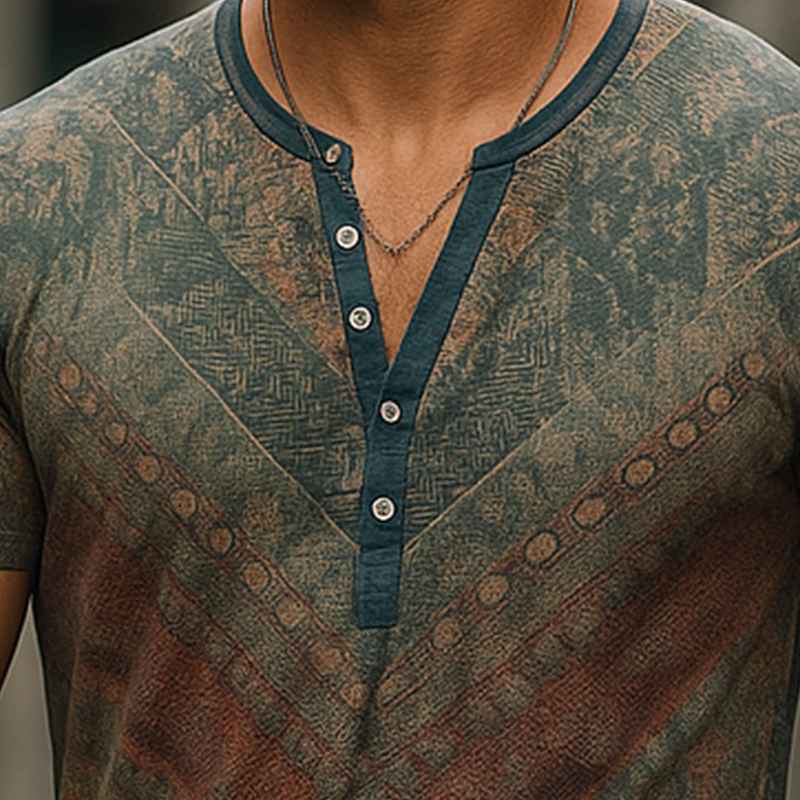 Men's Summer Fashion Printed Polyester Blended Short Sleeve Henley Shirt MTA1367F1P