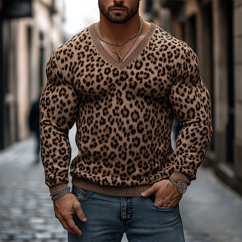 Men's Leopard Print Knit Jacquard V-neck Pullover Sweater MTA3065J3X