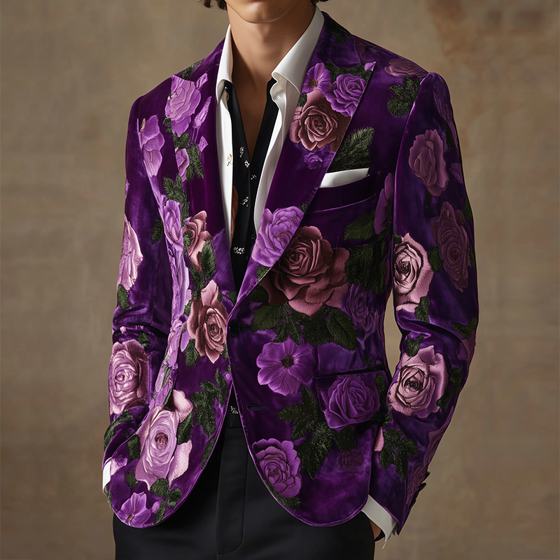 Men's Vintage Velvet Large Flower Print Casual Single Breasted Blazer MTA2137G6TO