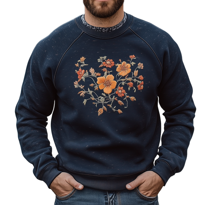Men's Retro Casual Floral Embroidered Crew Neck Sweatshirt MTA2345G5TO