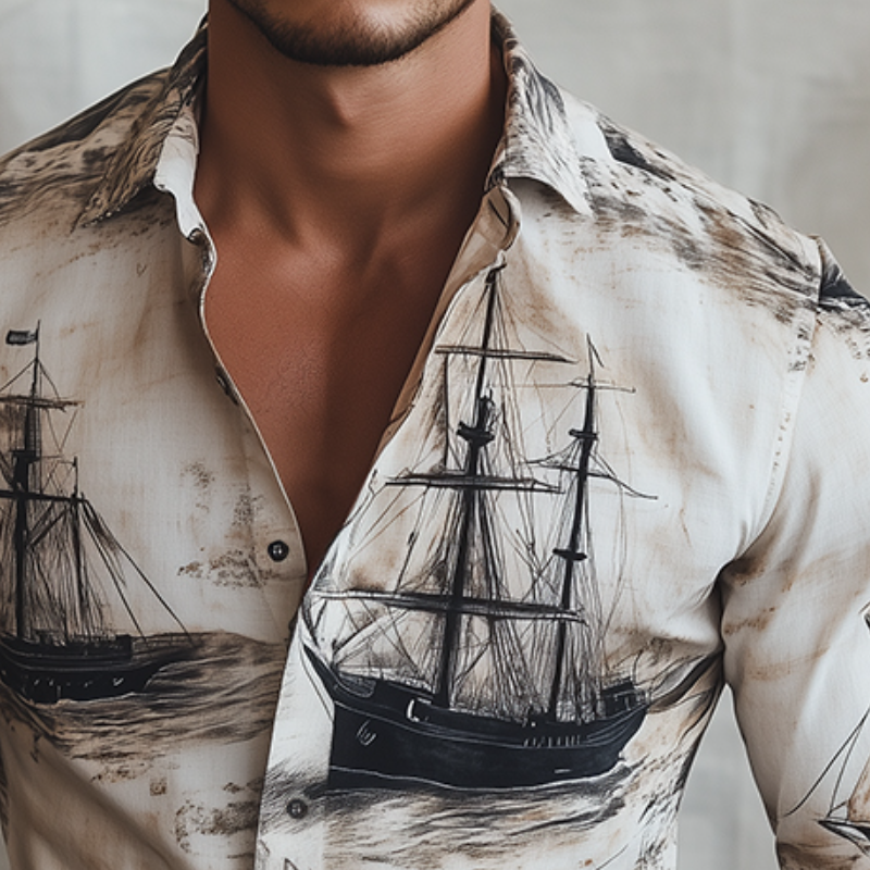 Men's Retro Casual Sailing Ship Print Lapel Long Sleeve Shirt 09769514TO